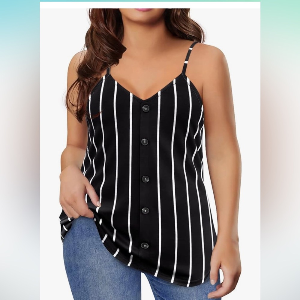 Black and white stripe tank top with adjustable straps and button detail. Sz 2XL